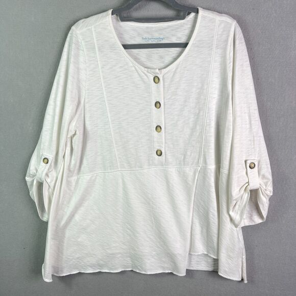 Soft Surroundings Blouse Large White Henley 4 Button Pullover Roll Tab Sleeve - Picture 1 of 10